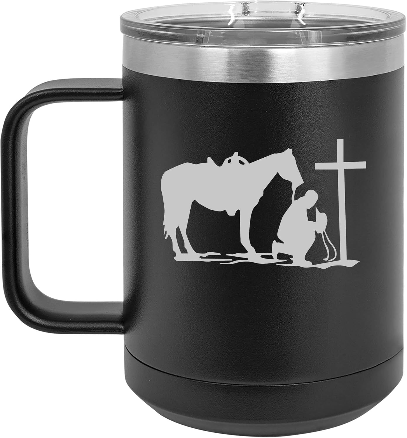 15 oz Tumbler Coffee Mug Travel Cup With Handle & Lid Vacuum Insulated Stainless Steel Cowboy Praying Cross Horse (Black)