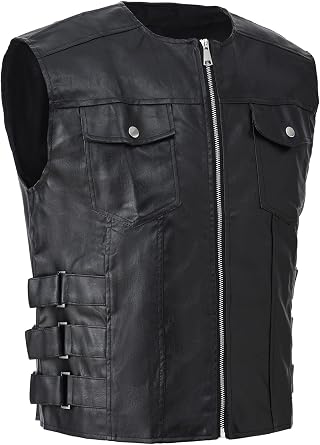 Idopy Men`s Biker Motorcycle Faux Leather Vest Sleeveless Jacket | PU material, adjustable side straps, multi zip pockets. Rugged edgy look, riding, cosplay, club