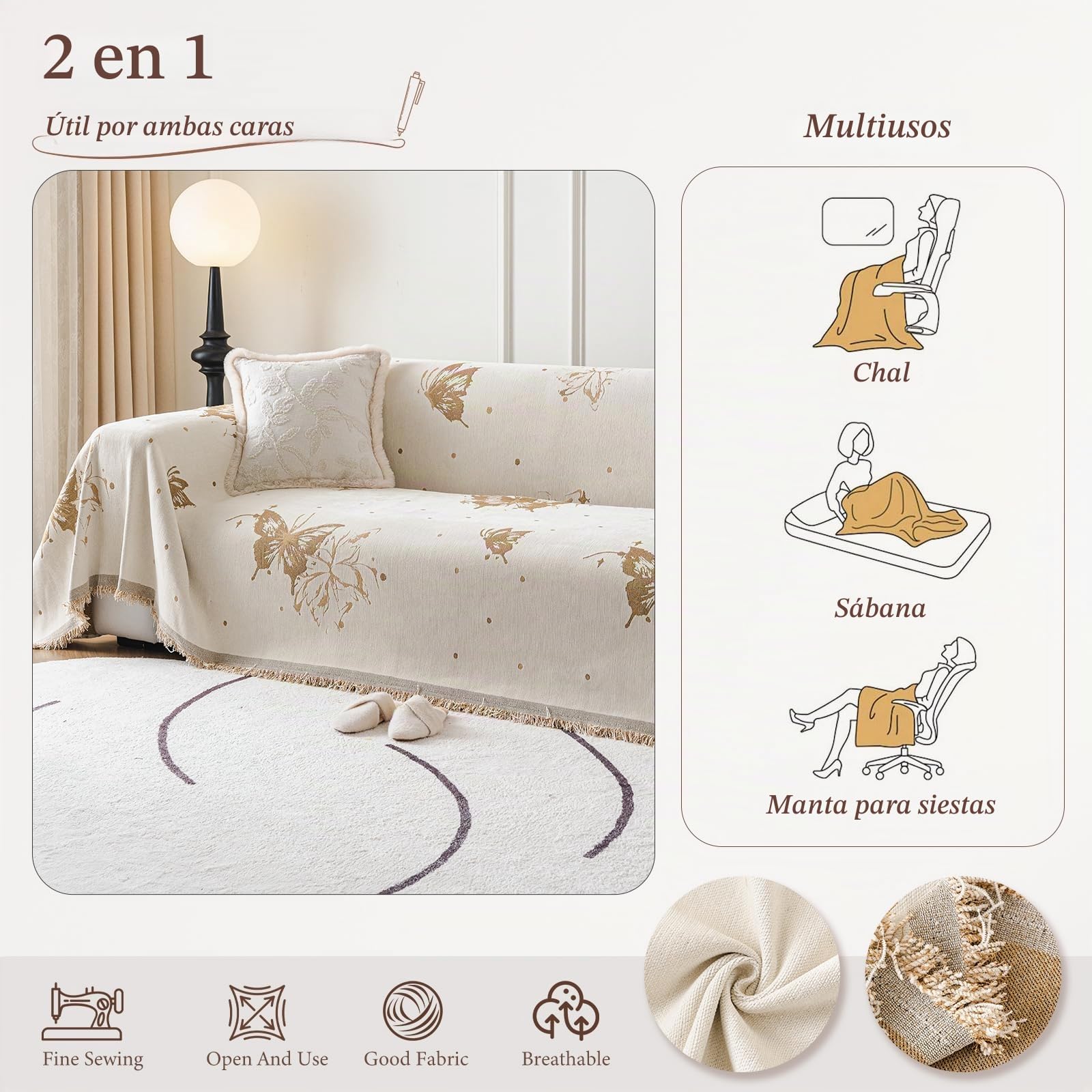 Funda Sofa,Cubre Sofas, Tela Cubre Sofa Four Seasons, Colcha Multiusos para Sofá, Plaid Sofa Decorativo,Elegante Estampado de Mariposas 180 * 180cm-Curry Oscuro