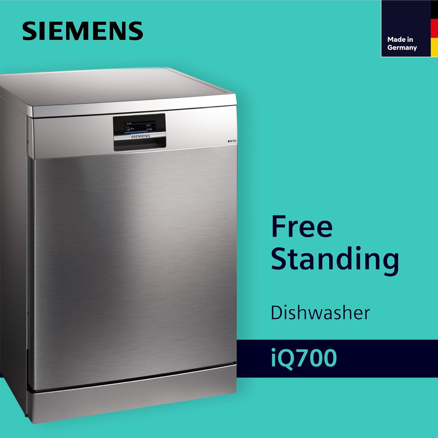 Siemens iQ700 freestanding dishwasher in a kitchen setting.