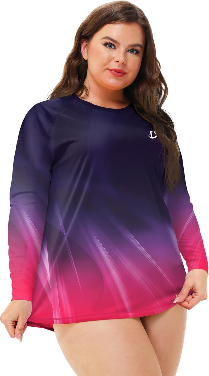 Deerose Womens Plus Size Rash Guard Long Sleeve Swim Shirts with Thumb Hole