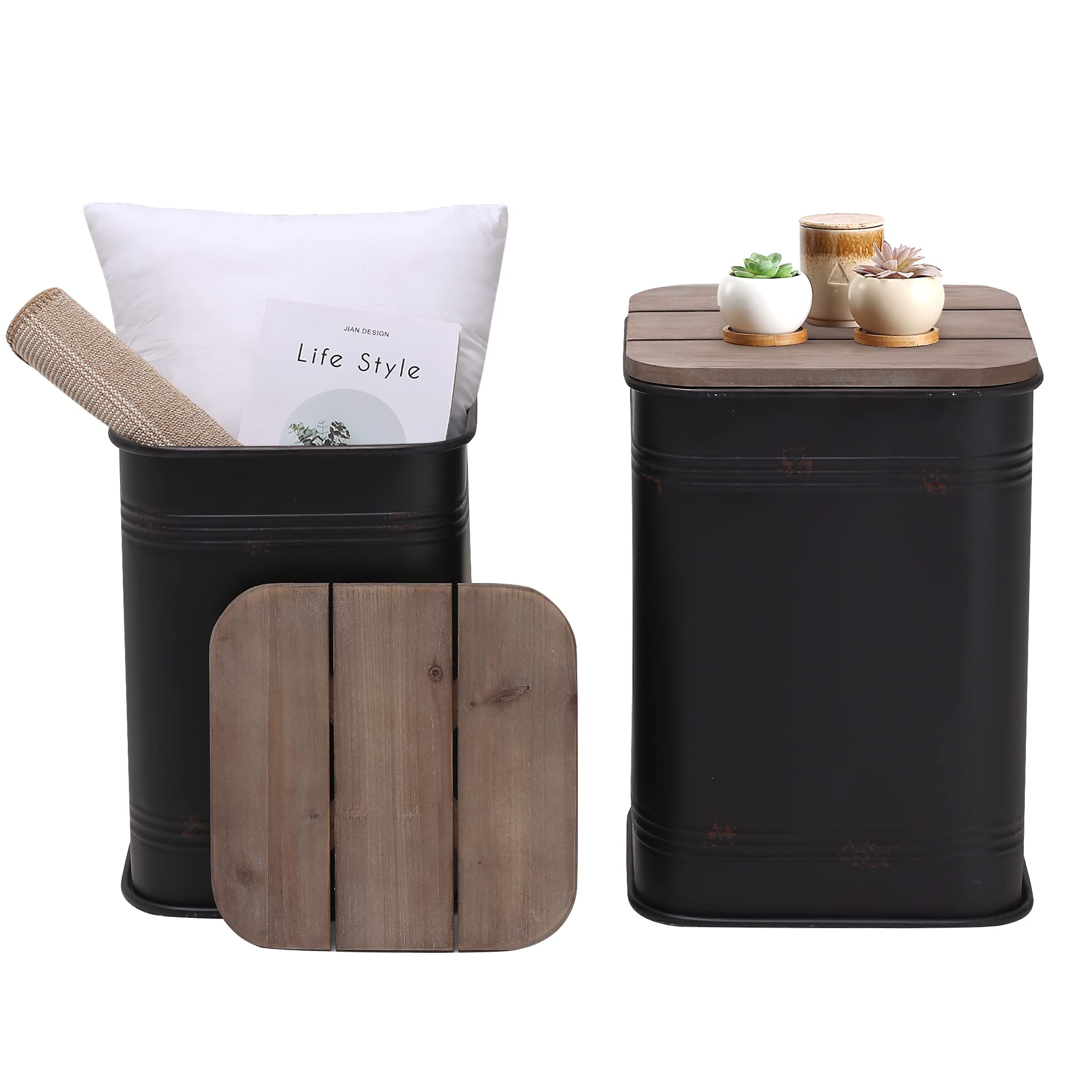 RUSTOWN Farmhouse Accent Side Table, Rustic Storage Ottoman Seat Stool, Galvanized Antique Metal End Table Box Bin with Square Wood Lid, Nesting