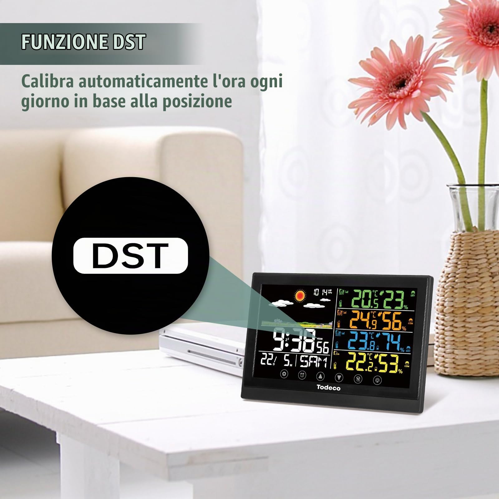 Todeco Stazione Meteo Wireless con 3 Sensori e Display a Colori | Temperatura, umidità e previsioni meteo, display LCD a colori, adattatore AC, allarme, calendario e DST automatico