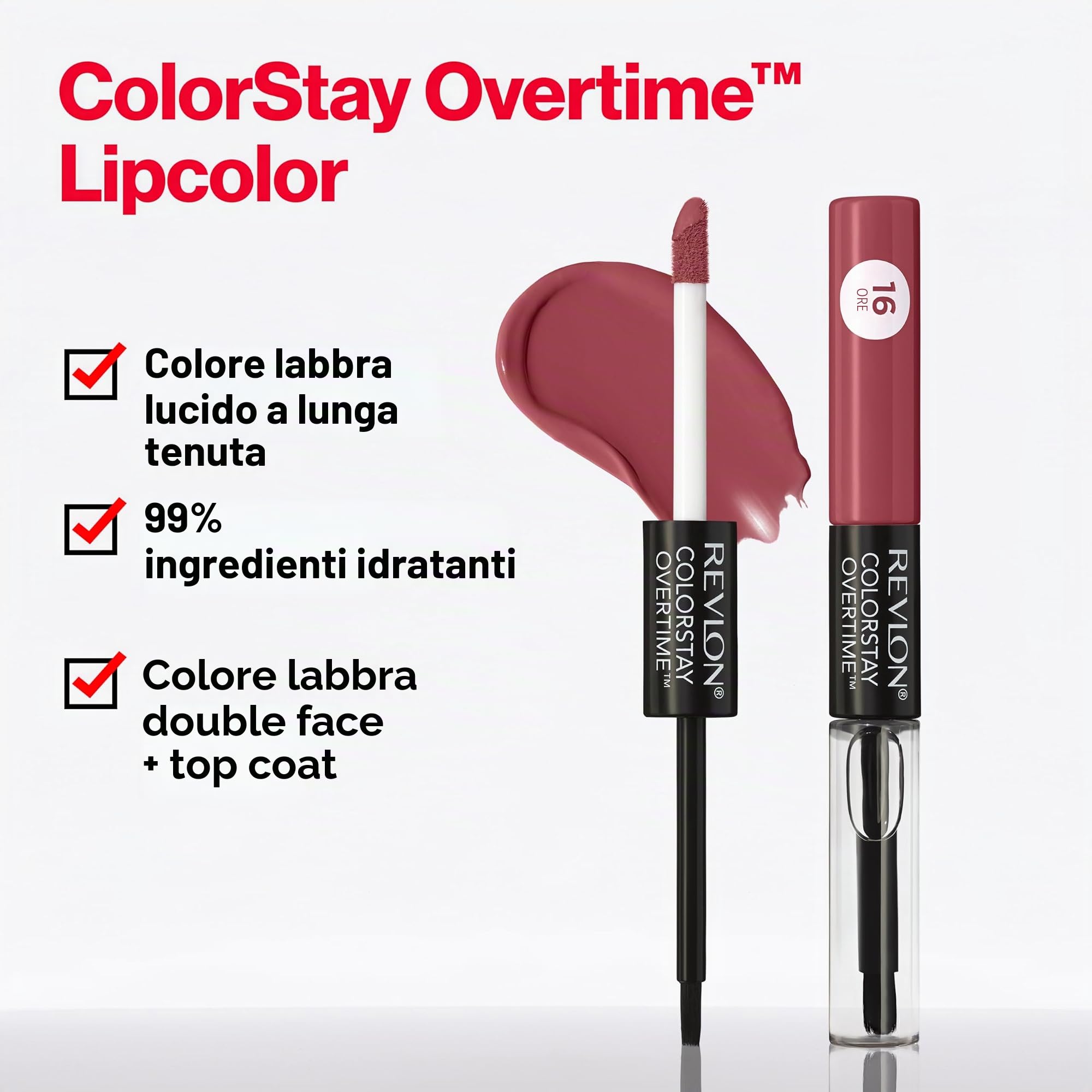 Revlon Rossetto liquido con lucidalabbra trasparente, ColorStay Overtime Lipcolor, doppia estremità con vitamina E, 540 Unstoppable Nude, 0,07 ml