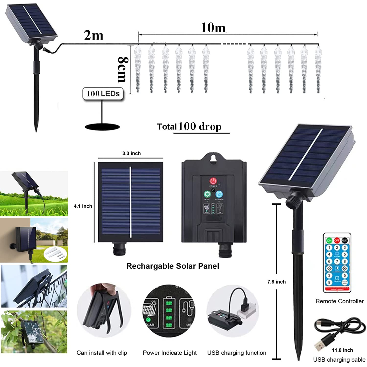 Guirnalda de carámbanos LED solar, luces para exteriores, resistente al agua, lluvia de hielo, decoración interior, columna de hielo, 8 modos, iluminación navideña con mando a distancia (100