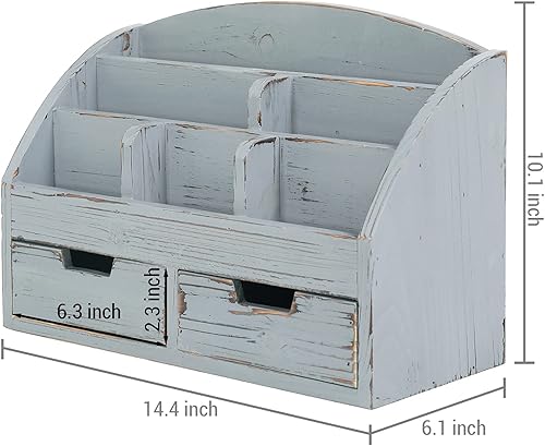 Miniatura 3 de MyGift Organizador de escritorio de madera gris oscuro, incluye 6 compartimentos y 2 cajones extraíbles para organizar suministros de oficina y