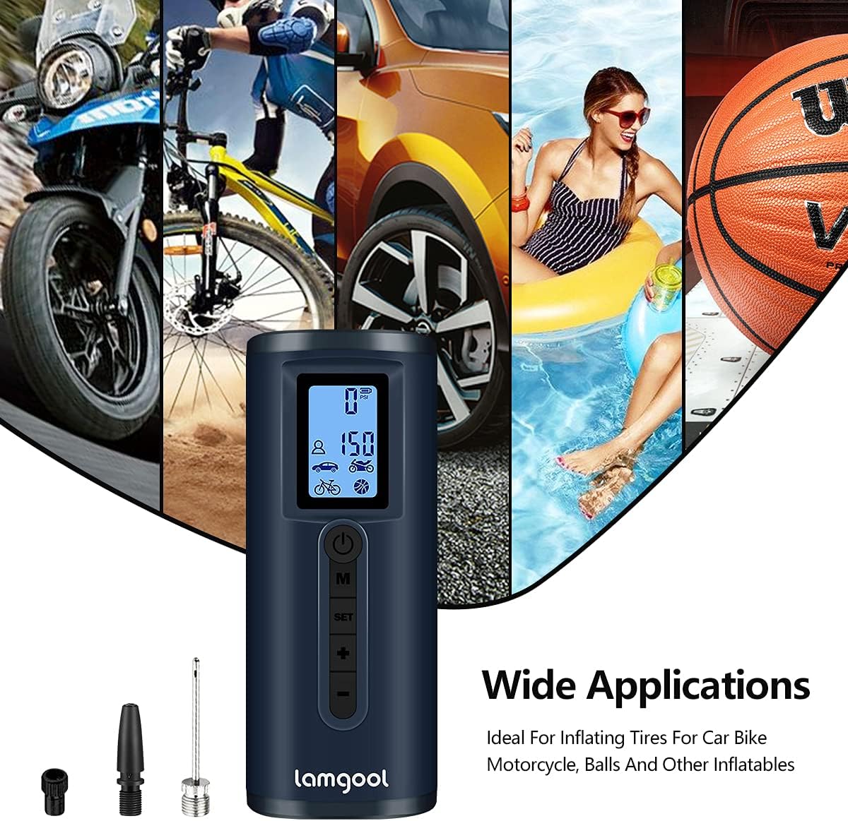 Lamgool 150 PSI Tire Inflator Portable Air Compressor For Car Tires With Digital Pressure Gauge LED Light Mini Rechargeable Electric Air Pump For Car Bike Motorcycle Balls And Other Inflatables (Navy)