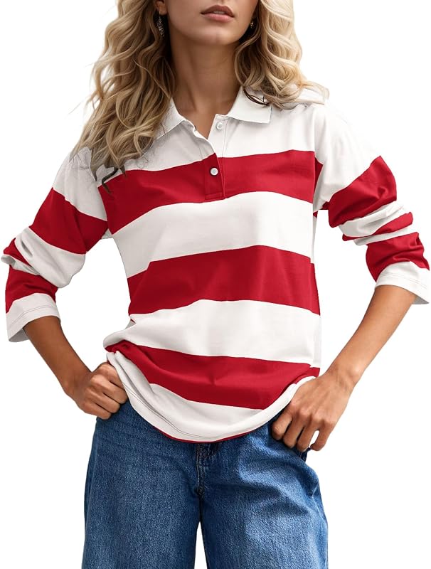 Burtell Fall Striped Polo Long Sleeve Shirts for Women Casual Button Lapel V Neck Color Block Tops Vintage Rugby Shirt Blouse