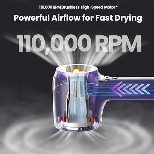 Miniatura 3 de Secador de pelo iónico profesional, secadora de alta velocidad con motor sin escobillas de 110,000 RPM para secado rápido, ligero, de bajo ruido,