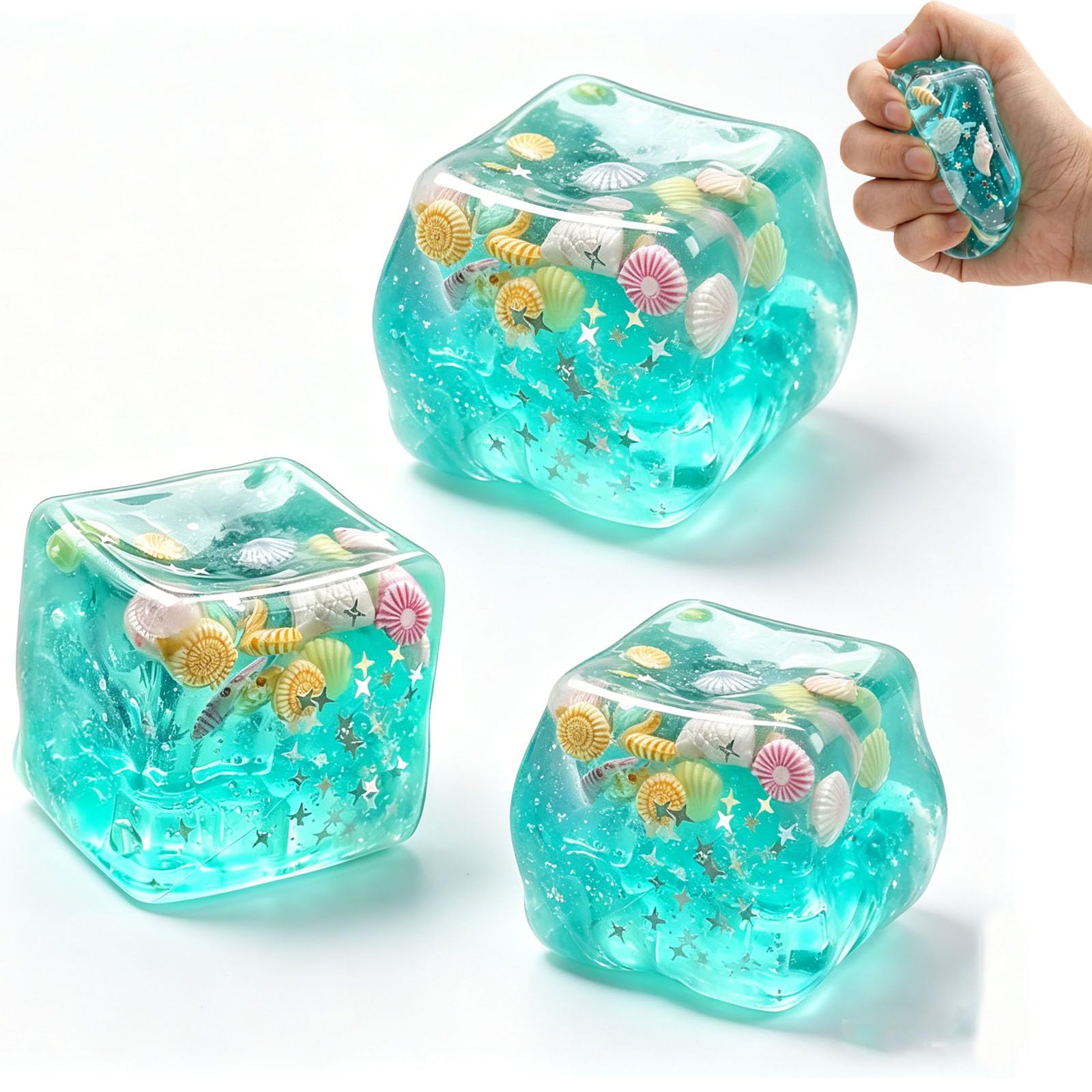 OLYGEE Ocean Ice Cube Squishy Glitter Squeeze Stress Ball, Gel Stress Cube & Sugar Ball Fidget - Soft Squeeze Toys for Anxiety Relief, Desk, Birthday Party Favors (3pcs)