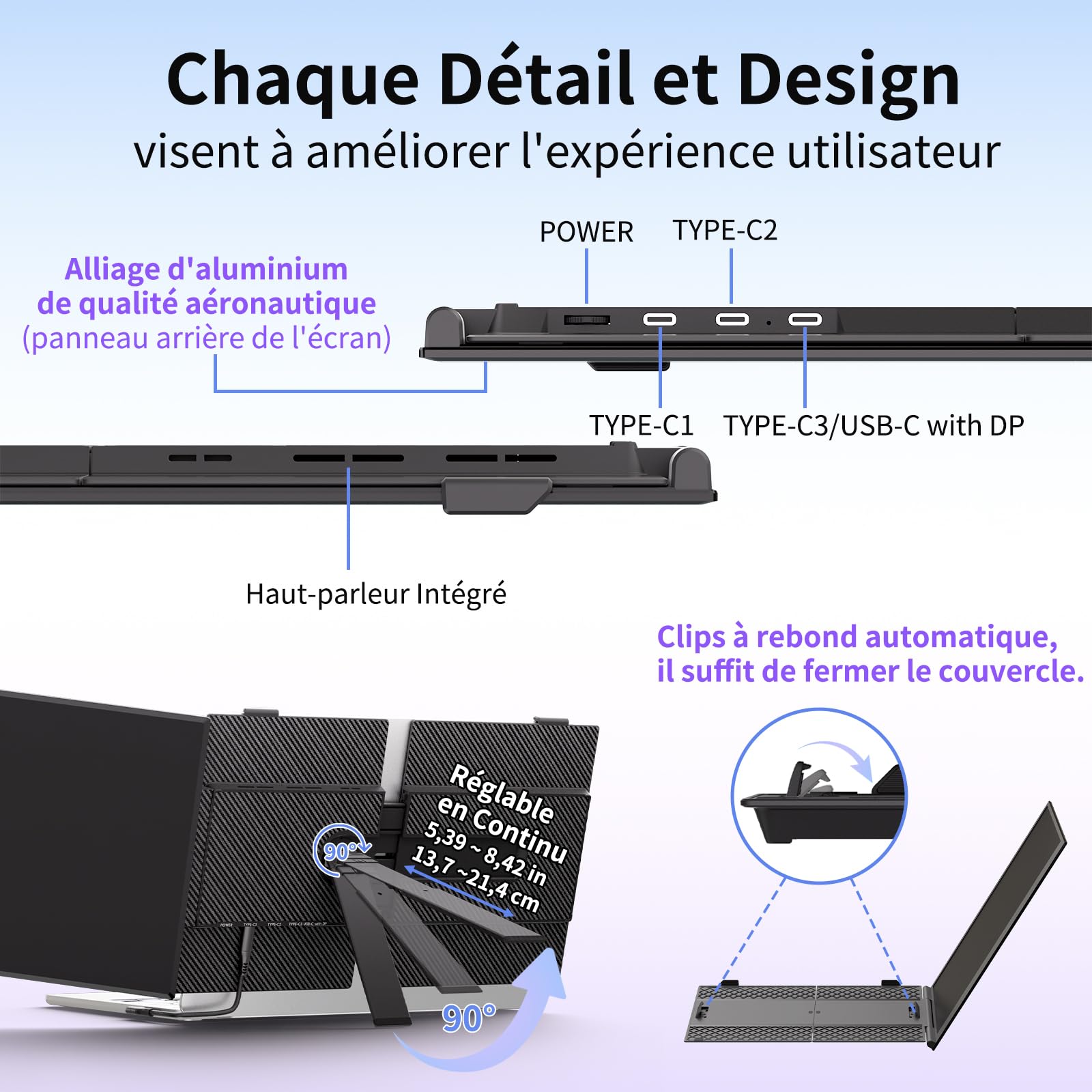 Double Ecran PC Portable Ultra Mince Léger 14,01" FHD 1080P IPS Extension Ecran PC Portable Moniteur Ecran Supplémentaire pour 13,3-17" Ordinateur Portable Compatible avec Windows MacBook