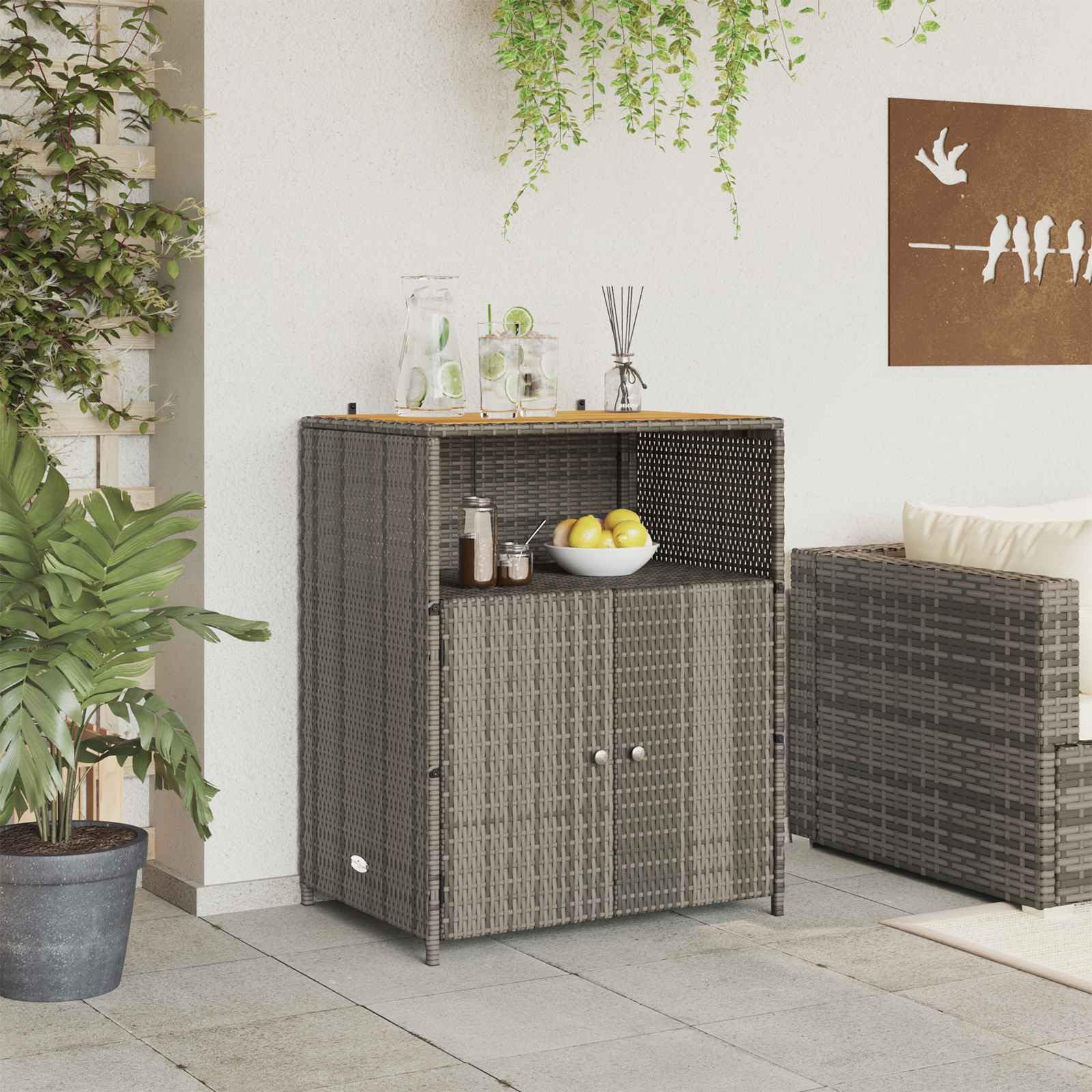 Armadio con anta, grigio, 70 x 50 x 87 cm, poliestere Roly rattan, telaio in acciaio verniciato a polvere, con 3 ripiani, per interni ed esterni, per soggiorno, ufficio, sala da pranzo