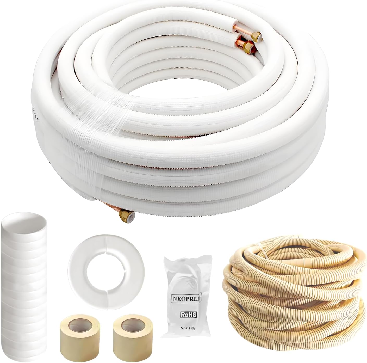 50 Ft Mini Split Line Set 1/4" & 1/2" OD Twin Copper Pipes 3/8 Thickened White PE Insulated Coil Copper Line with Flared Nuts for Mini Split Air Conditioner HVAC Refrigeration and Heating Pump System