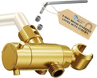 HammerHead Showers® Solid Metal 3 Way Shower Diverter Valve with Shower Head Holder — Universal Splitter To Connect Handheld Spray Wand And Rain Showerhead to Shower Arm Mount — Brushed Gold