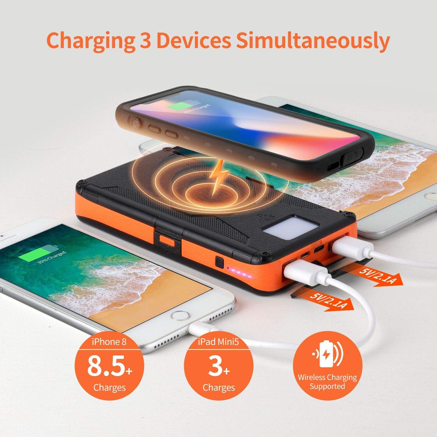 Solar Charger 25000mAh, 5 Solar Panel QI Wireless Outdoor Portable Power Bank Fast Charge External Battery Pack with Dual 2.1A Output USB for Cell Phones Tablet GoPro Camera : Cell Phones & Accessories