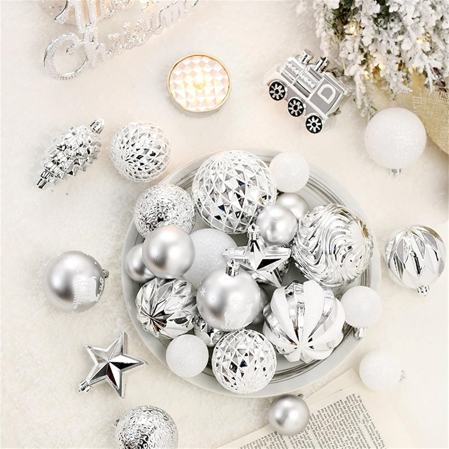 Conjunto de Ornamentos de Bola de Navidad de 65 Plástico Impermeable (Plata)