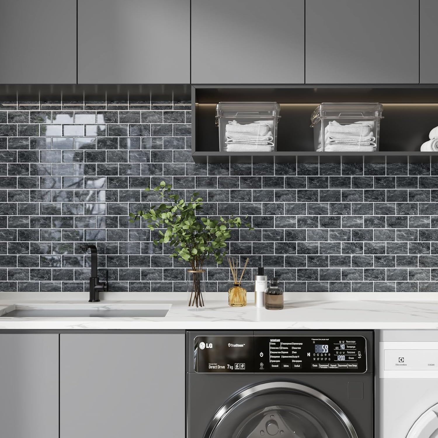 CRE8TIVE 16 Sheets Grey Subway Tile Peel and Stick Backsplash Tile Stickers 12"x12" Stick on Backsplash for Kitchen Self Adhesive 3D Wall Tiles for Bedroom Bathroom Shower Walls Waterproof Marble Tile