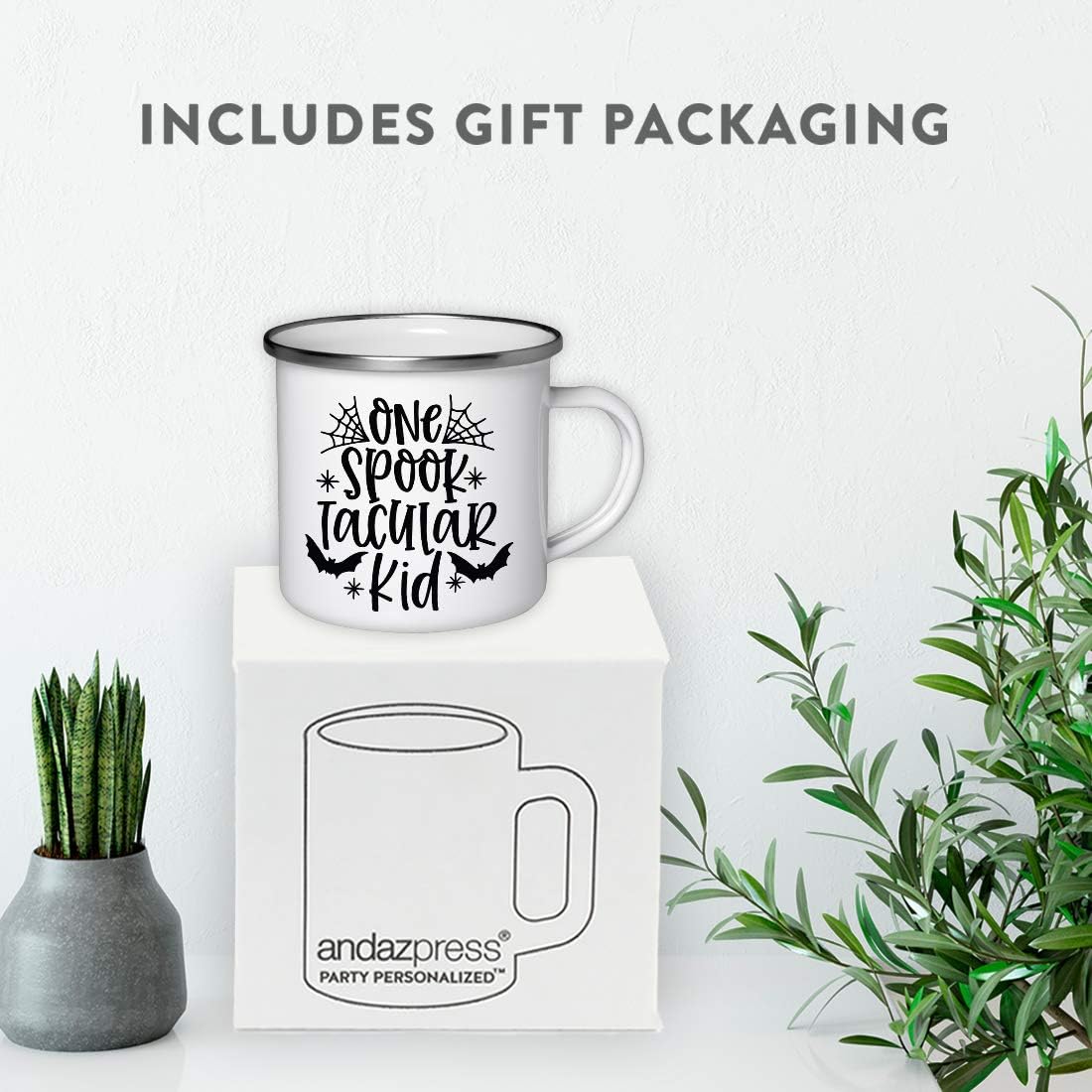 Andaz Press Funny Halloween 11oz. Stainless Steel Campfire Coffee Tea Mug, One Spook Tacular Kid, Bat Graphic, 1-Pack, Birthday Christmas Ideas