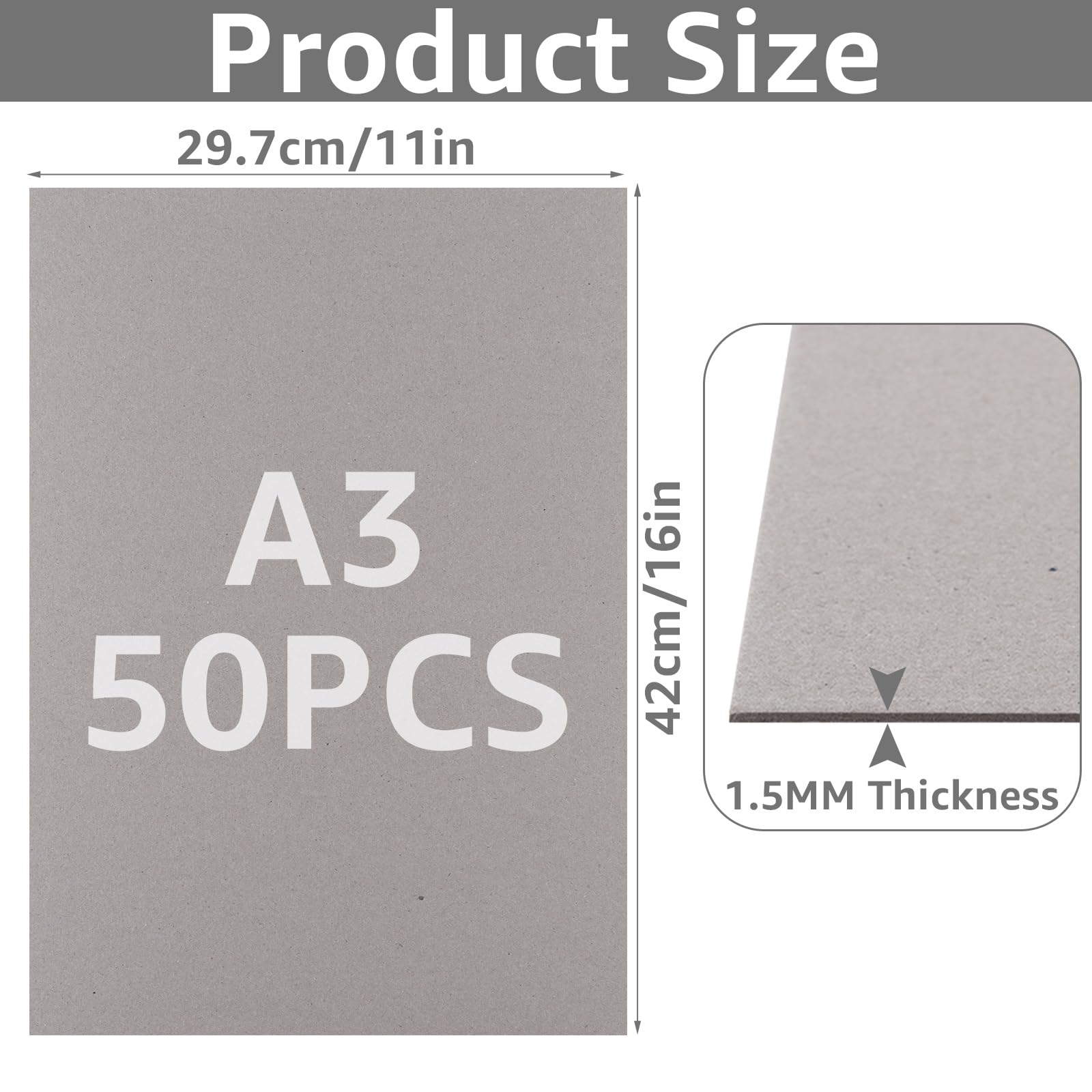 CYEER A3 Greyboard 50 Sheets, 1500 Micron A3 Mount Board - Image 2