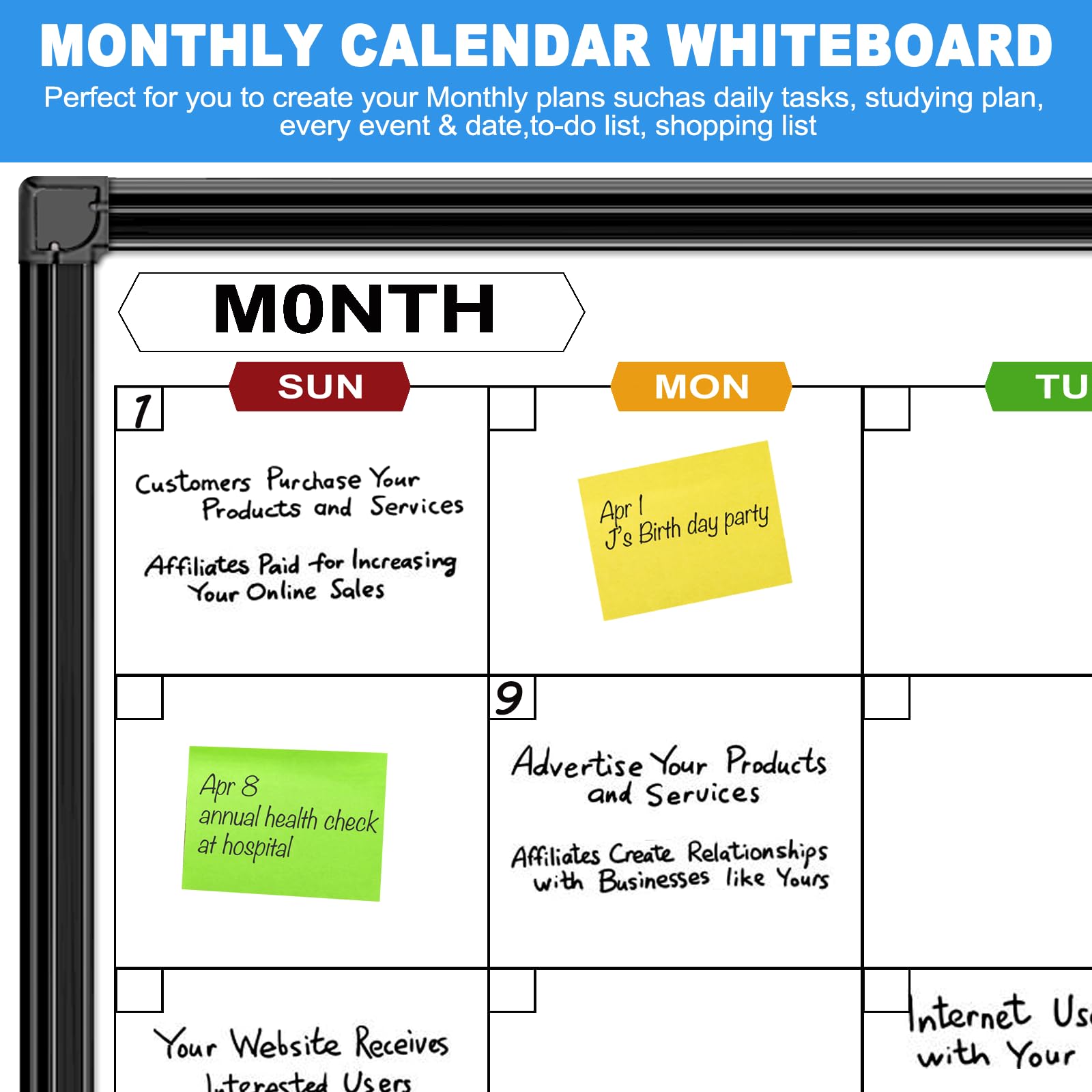 Pizarra blanca para pared de 24 x 18 pulgadas, calendario mensual de borrado en seco con marco de aluminio negro, pizarra de borrado en seco para oficina, hogar y escuela