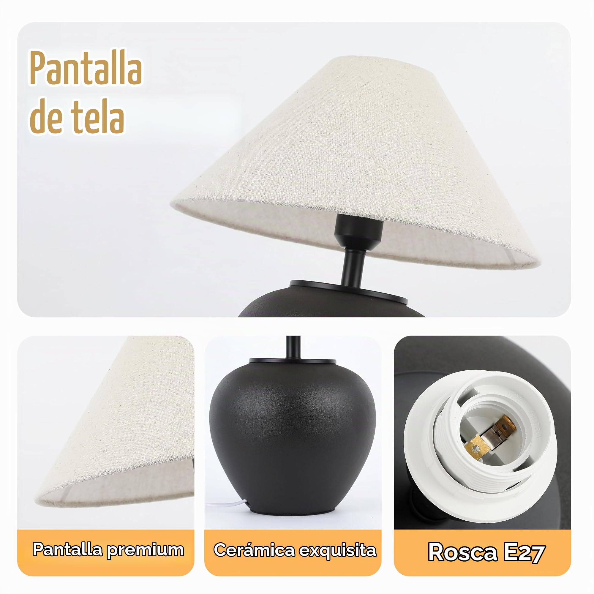 Lamparas De Mesita De Noche CeráMica Negra, LáMparas De Mesa De Granja RúStica Modernas LáMparas De Escritorio Hechas A Mano De Lino, LáMpara De Mesa De Mesita De Noche Para (Negro)