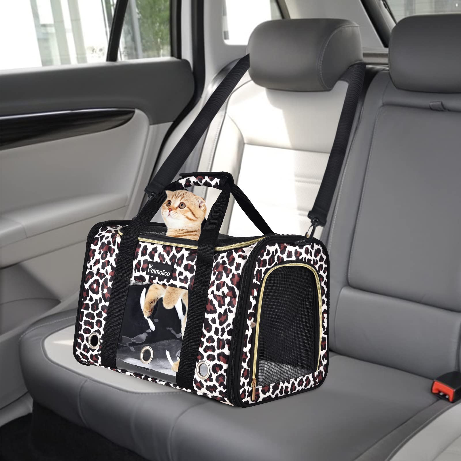 Petmolico Marsupio trasportino per cani, approvato dalla compagnia aerea morbido trasportino da viaggio con 3 porte aperte finestre in rete per gatti cuccioli, 7,3 kg, leopardo