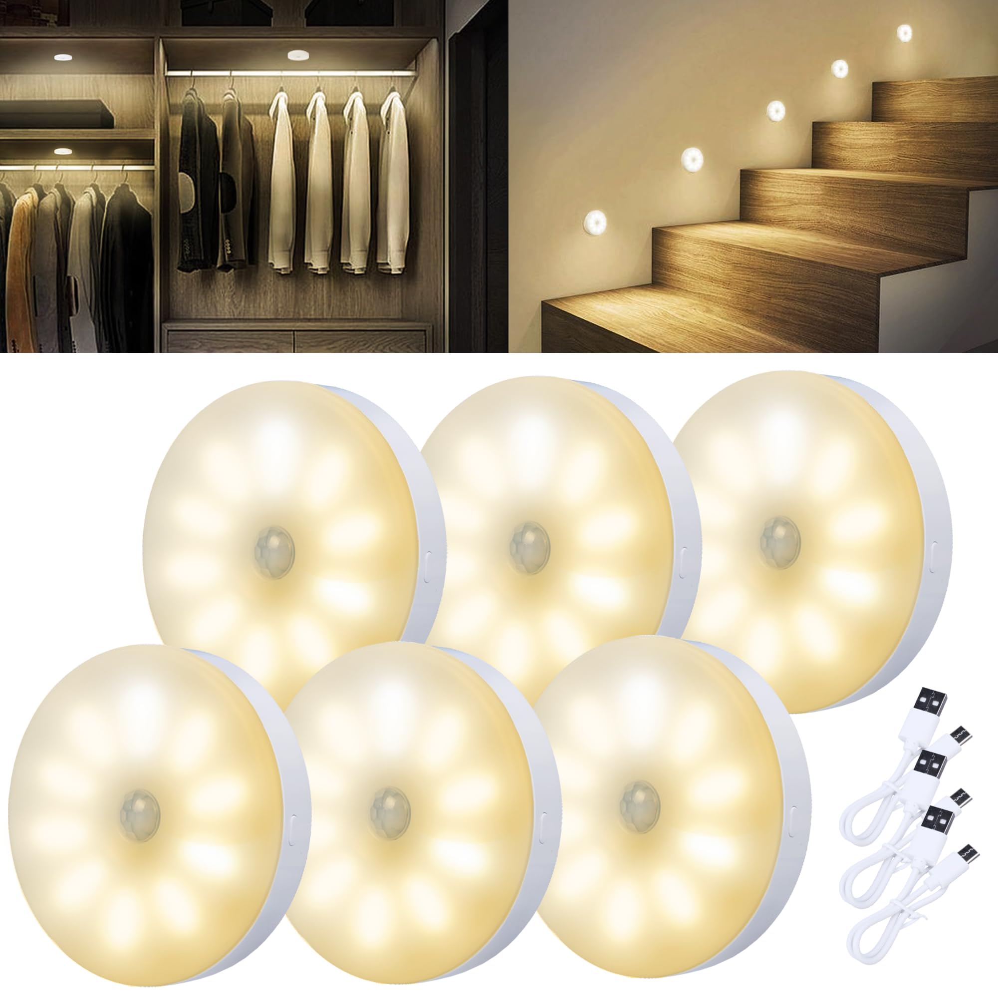innolife Dimmable Motion Sensor Lights Indoor,10 LEDs Wireless Rechargeable Stair Night Lights,Magnetic Stick on Wall Lights for Stair,Corridors,Wardrobe,Closets, Kitchen, Cupboard (6000K, 6 Pack)
