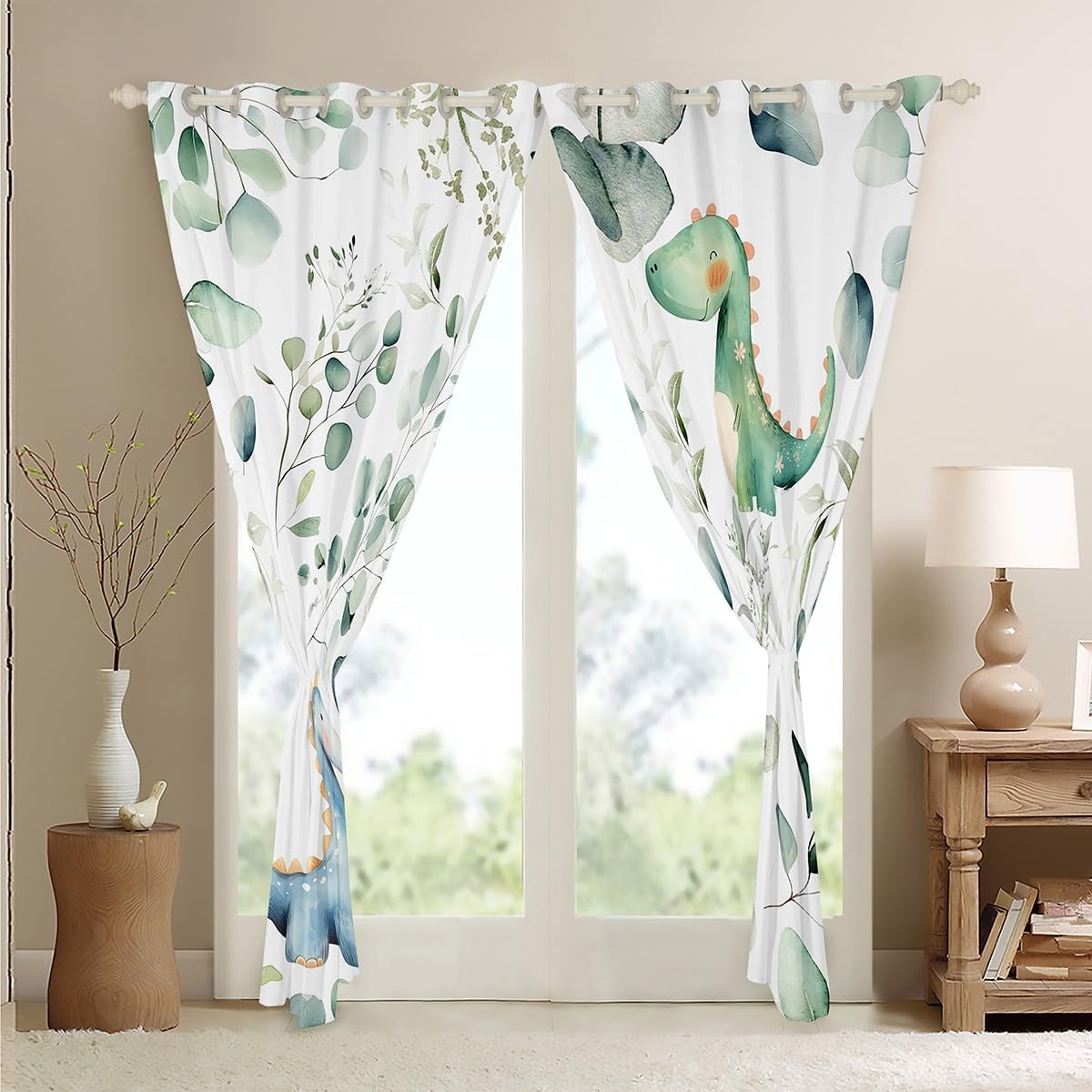 Kawaii Dinosaur Blackout Curtains for Boys Girls Cartoon Animal Dino Curtains, Eucalyptus Leaves Curtains & Drapes Jungle Wildlife Living Room Curtains, Tropical Botanical Plants Window Curtains