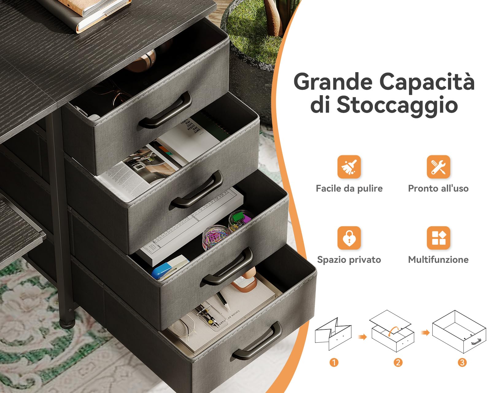 ODK Scrivania con 4 Cassetti, 140x52x92cm Scrivania per Computer con Presa di Corrente e Ricarica USB, Scrivanie Gaming Tavolo Scrivanie con Ripiani Regolabili per la Casa, Nero
