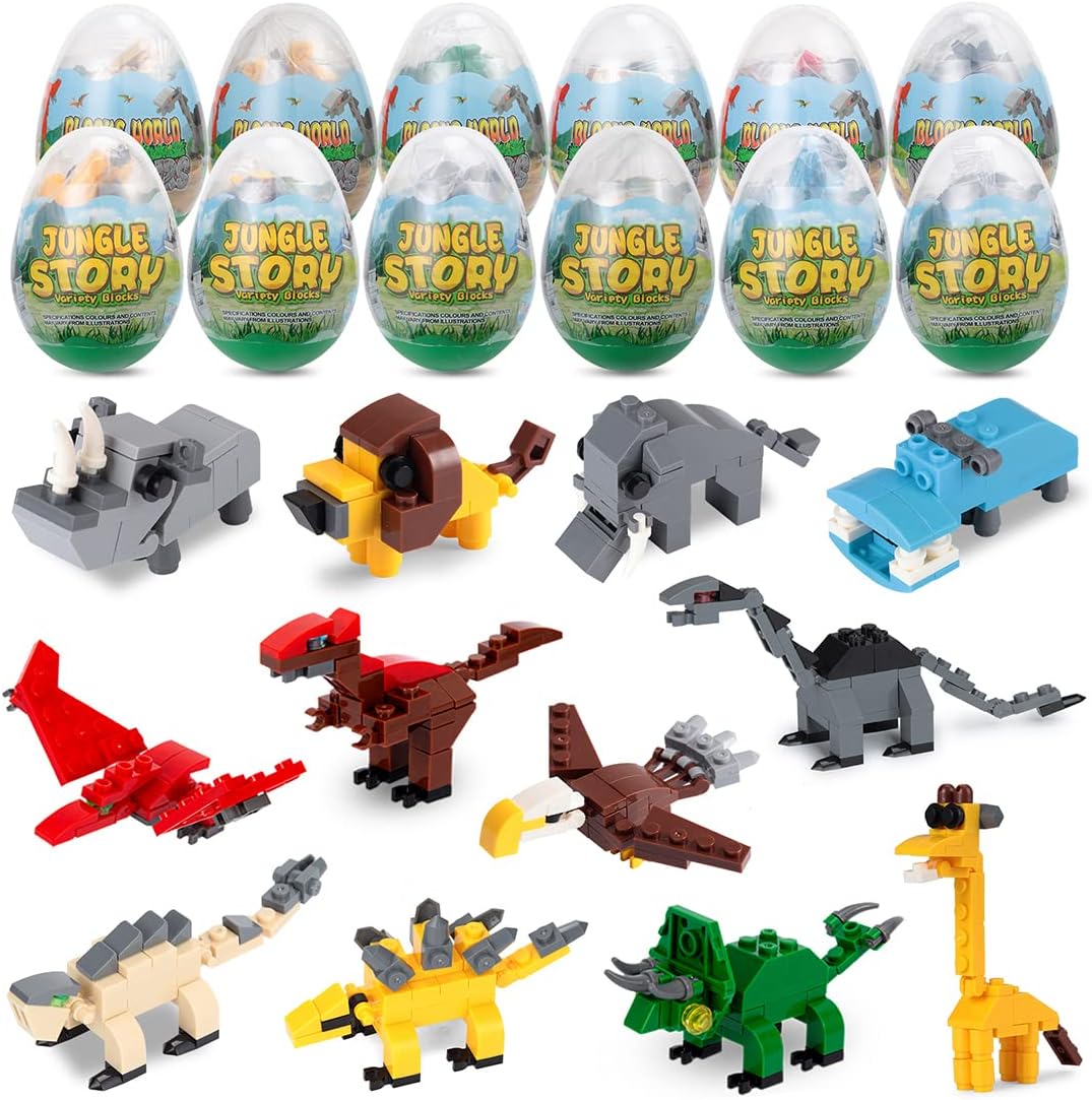 ThinkMax 12pcs Easter Eggs Prefilled with Jungle Animals and Dinosaurs Building Blocks for Easter Basket Stuffers, Easter Party Favor, Easter Eggs Hunt, Classroom Prize Supplies