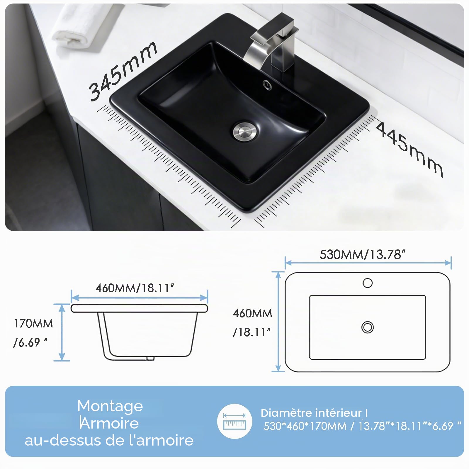 Lavabo en Céramique Noir Mat, 53 x 46 cm, Rectangle, Vasque à Encastrer Moderne, Lavabo de Comptoir avec Trou pour Robinet,Trop-Plein et Bonde de Vidange Escamotable en Acier inoxydable, Salle de Bain