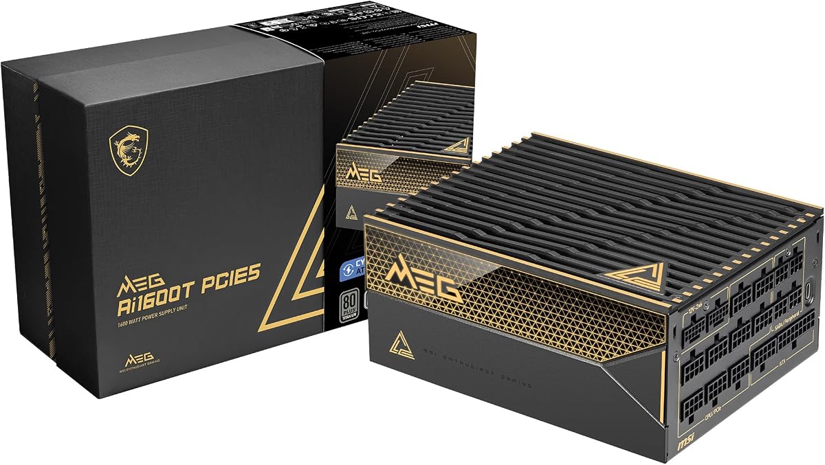 MSI MEG Ai1600T PCIE5, fuente de alimentación totalmente modular para juegos de 1600 W, 80+ titanio, cables duales de 12 V-2x6, condensador de grado de servidor, ATX 3.1 y PCIe 5.1, bajo nivel de ruido, trenzado, 12 años de garantía