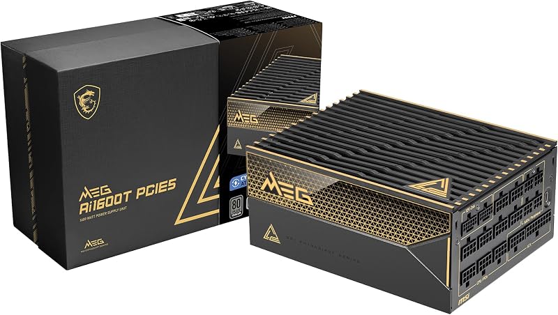 MSI MEG Ai1600T PCIE5, fuente de alimentación totalmente modular para juegos de 1600 W, 80+ titanio, cables duales de 12 V-2x6, condensador de grado de servidor, ATX 3.1 y PCIe 5.1, bajo nivel de ruido, trenzado, 12 años de garantía