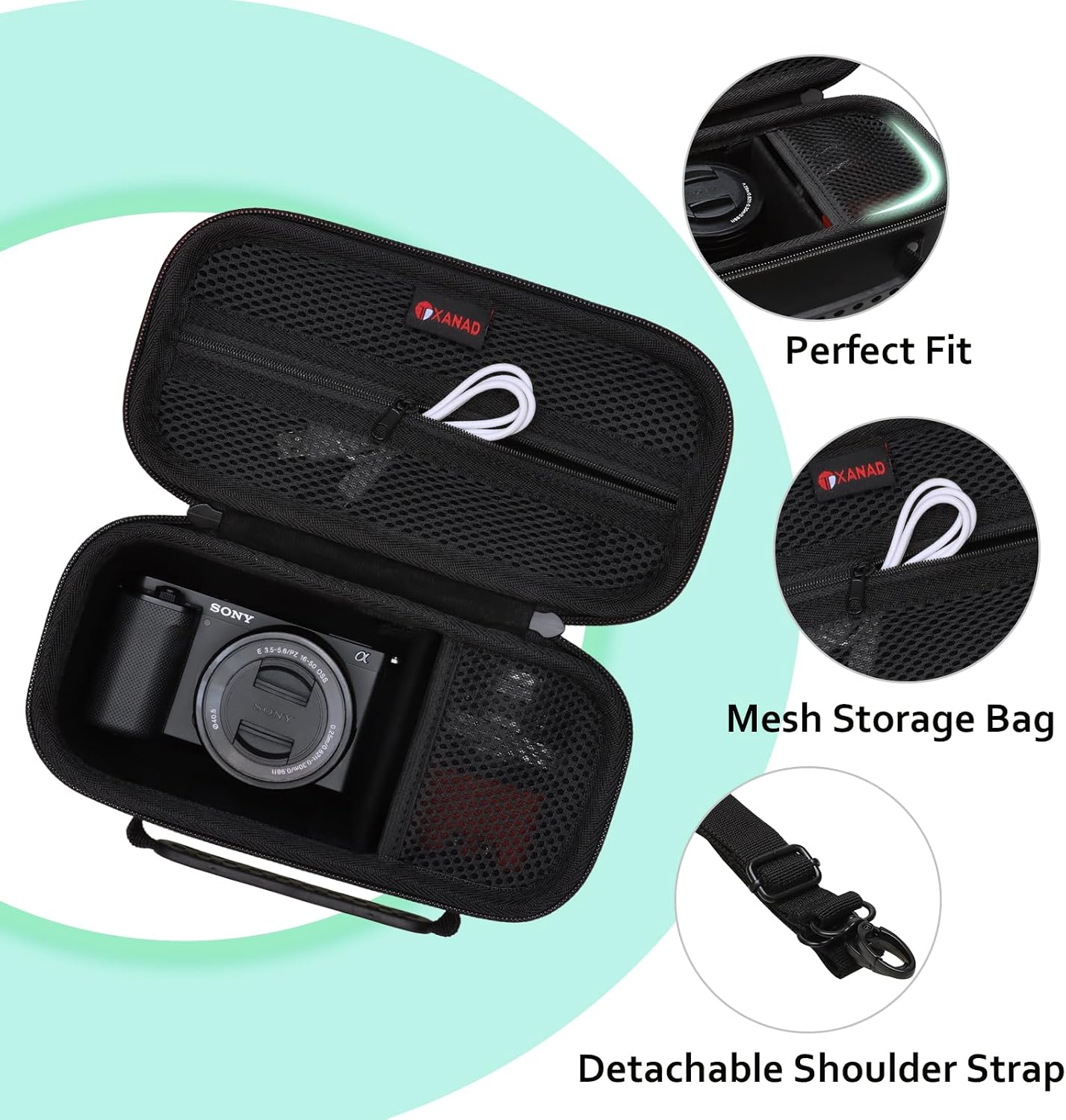 Condition photo showing As Is for xanad hard case for sony alpha zv-e10,zv-e10 ii or sony alpha 6400,6100,6700,6600,6000,5100,5000 lens mirrorless camera,with shoulder strap(black)