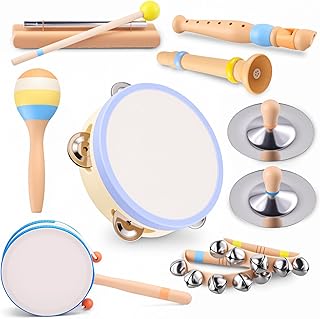 Montessori Musical Instruments for Toddlers, Wooden Baby Music Set with Drum, Flute, Clarinet, Chime Bar, Bells Cymbals, Natural Sensory Learning Toys for Boys Girls 1-3 Years Old