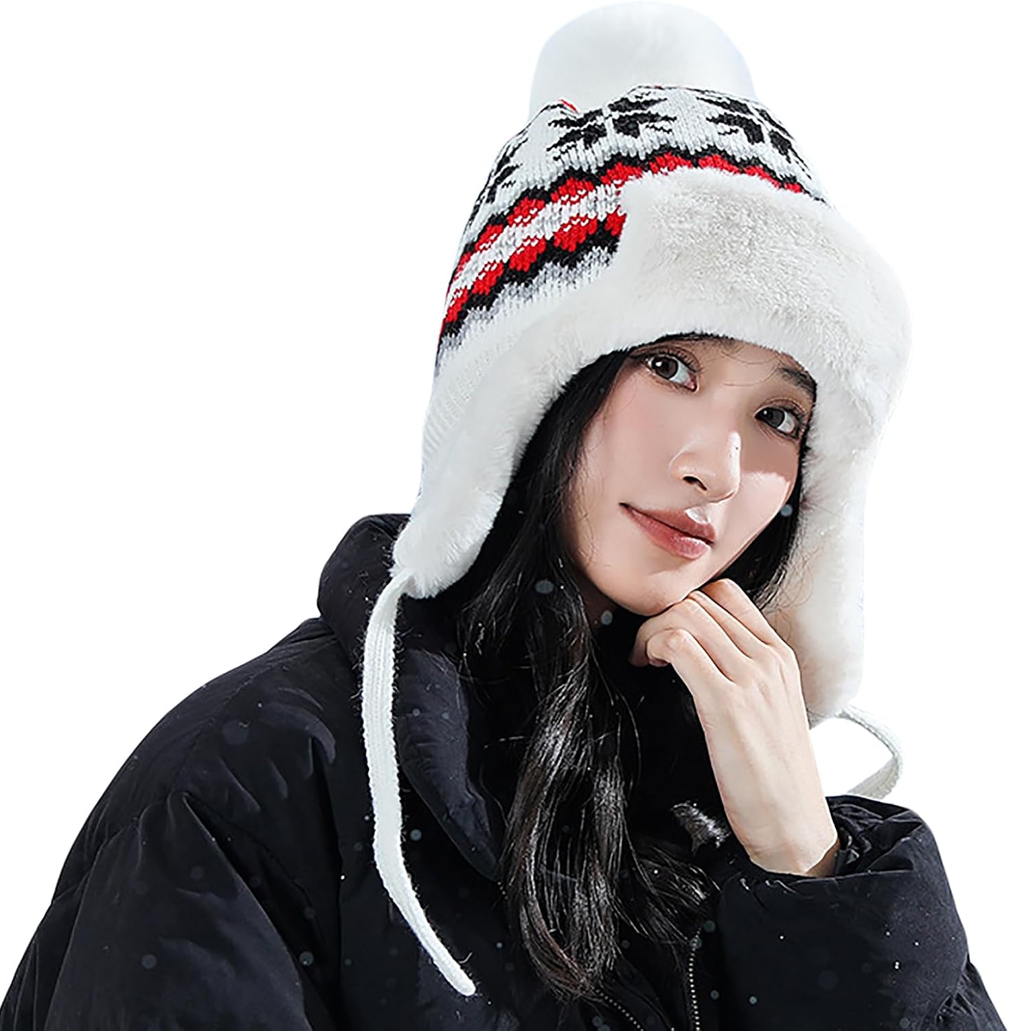 IPENNY Women's Winter Faux Fur Lined Trapper Hat, Warm Knitted Beanie with Pom Pom & Earflaps, Warm Ski Cap for Cold Weather