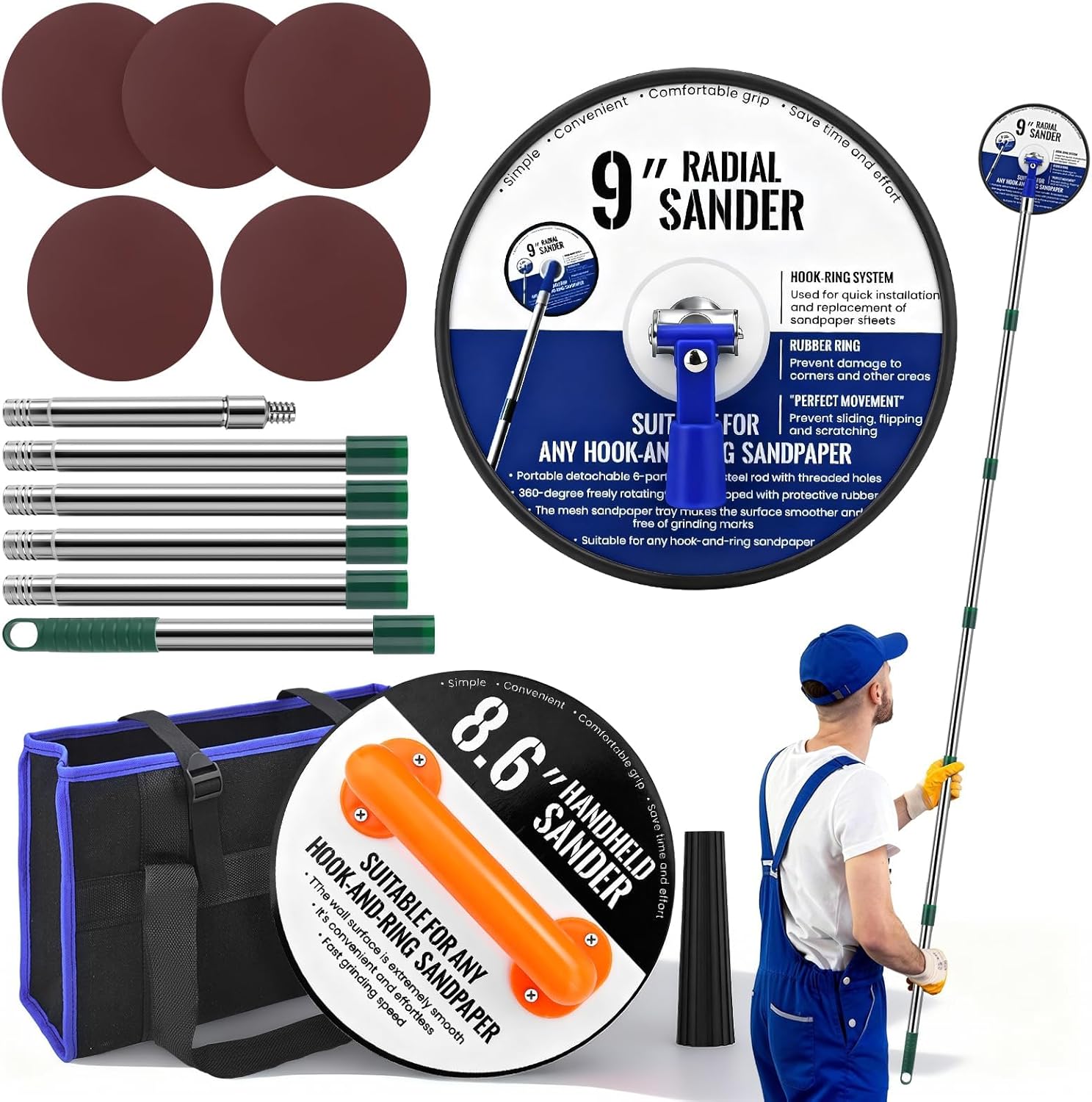 Pole Sander for Drywall, 89 Inch Manual Hand Drywall Sander with Extension Pole, Bag, 360 Circular Radial Hand Sander for Painting Projects with 5pcs Sanding Discs (80, 100, 120, 180, 240 Grit)