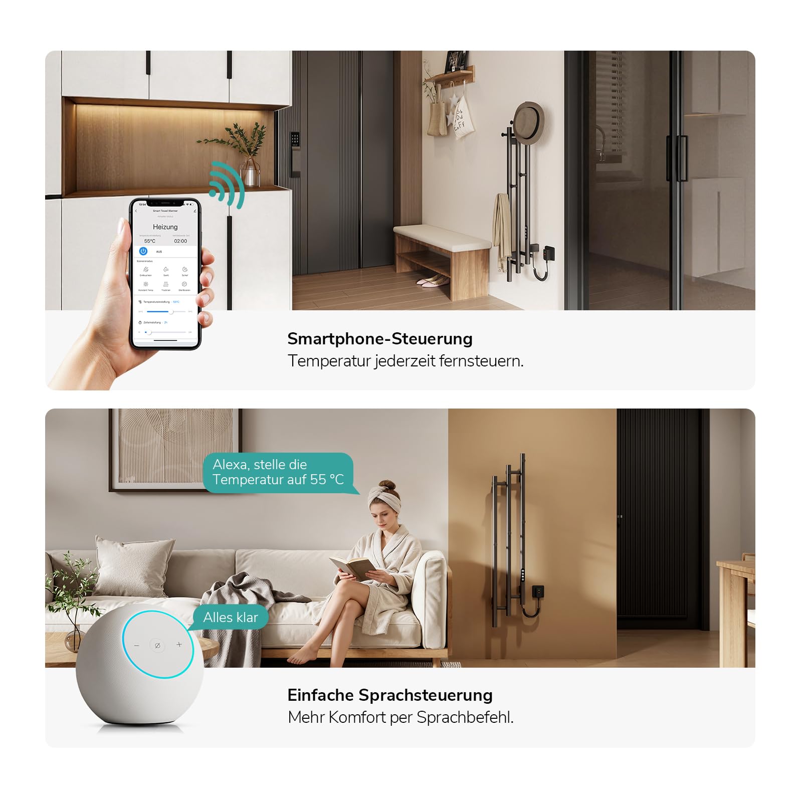 EMKE Elektrischer Handtuchheizkörper 1150 x 216 mm, Design-Handtuchwärmer mit WiFi-App-Steuerung, Badheizkörper mit 6 Haken, 220 W, IP45, Grau
