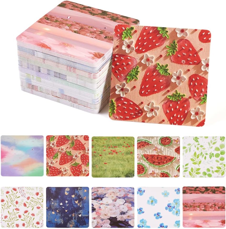 KISSITTY 100Pcs Flower Fruit Earring Display Cards Flower Patterns Jewelry Display Card Paper Earring Holder Cards Square Jewelry Hanging Tags for for Earrings Necklaces Bracelets