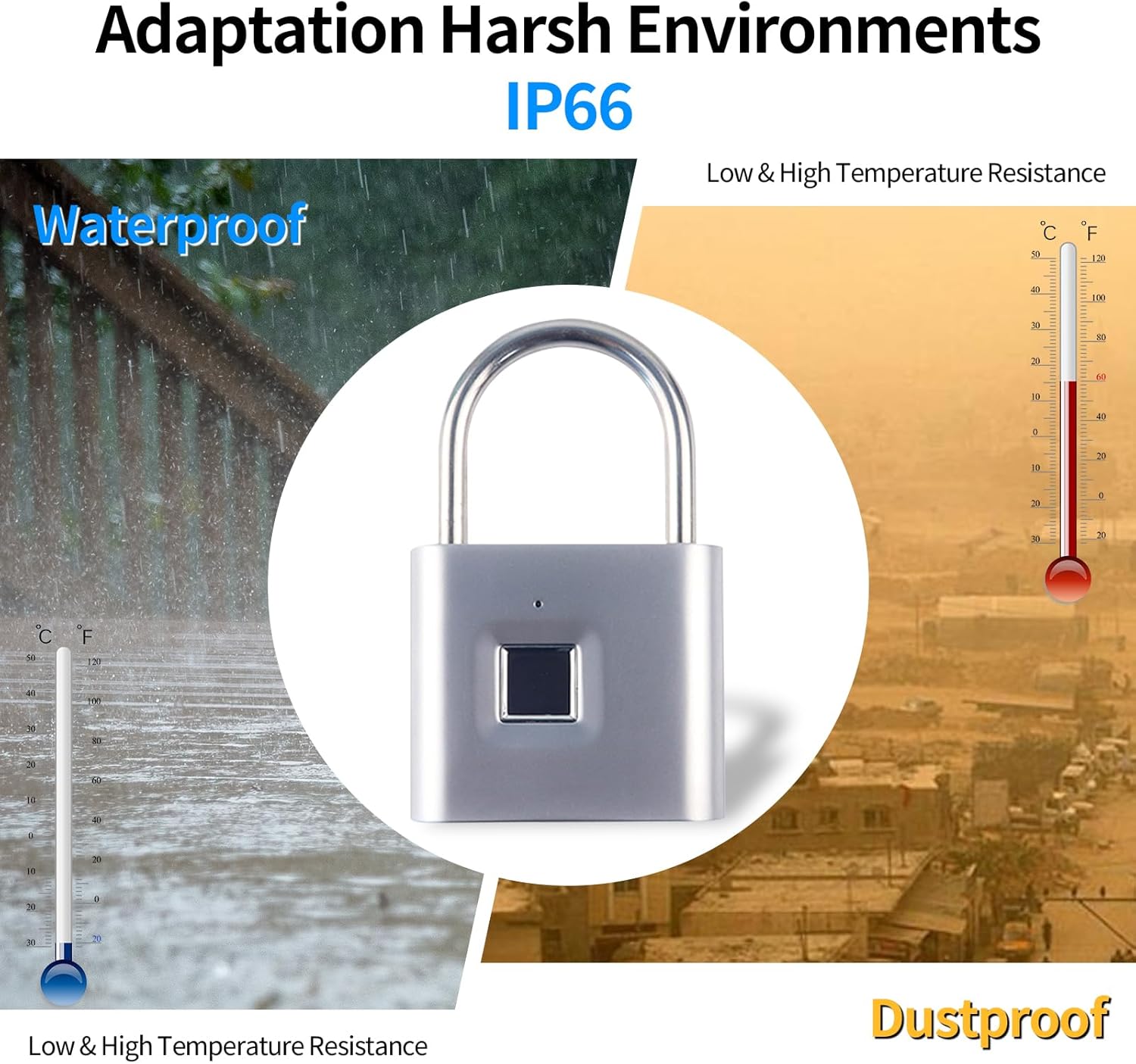 Image highlighting the IP66 waterproof rating of the padlock, showing it submerged in water and resistant to high and low temperatures.
