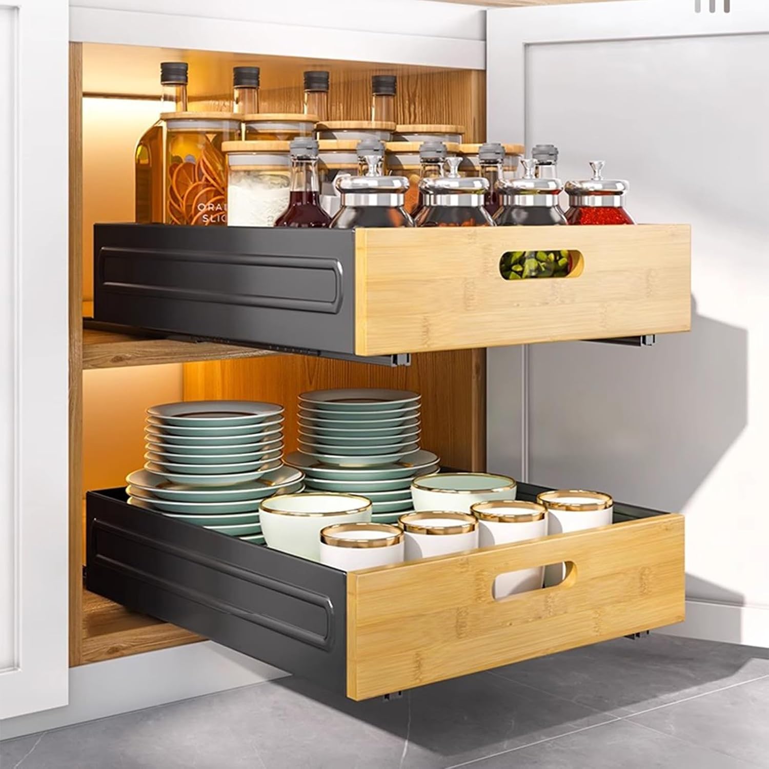 Under Sink Organizers And Storage, Under Sink Cabinet Organizer Heavy Duty Metal Slide Out Pull Out Drawers Slide Out Spice Racks (Color : Black, Size : 25x40.5x9cm)