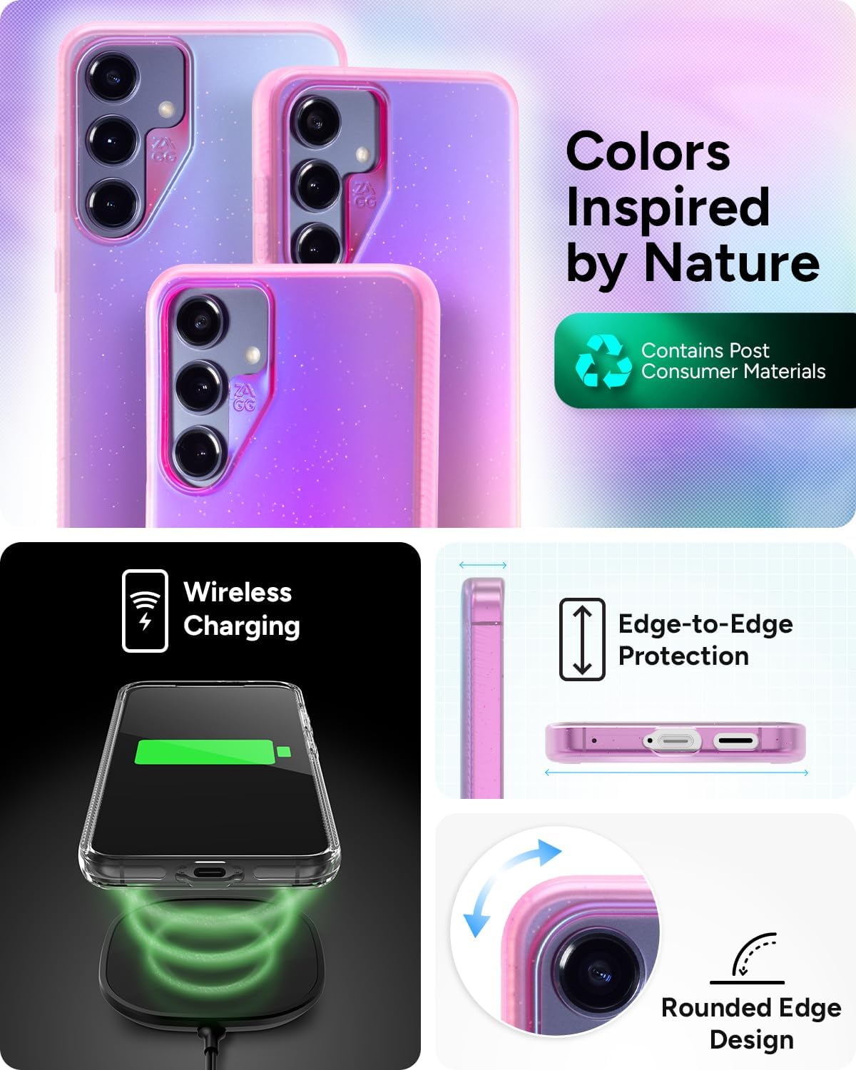 ZAGG Milan Samsung Galaxy S24 Case - Semi-Transparent, Runway-Inspired Design, Graphene Reinforced, 13ft Drop Protection, Eco-Friendly, Wireless Charging Compatible, Gltter Pink