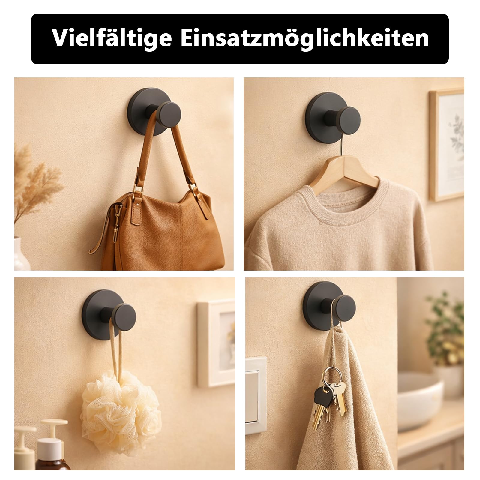 4 Pz Ganci a Ventosa Super Resistenti, Appendiabiti a Ventosa in Acciaio Inox Nero, Ventose con Gancio senza foratura, Appendi Accappatoio Bagno Cucina, Asciugamani, Cappotti