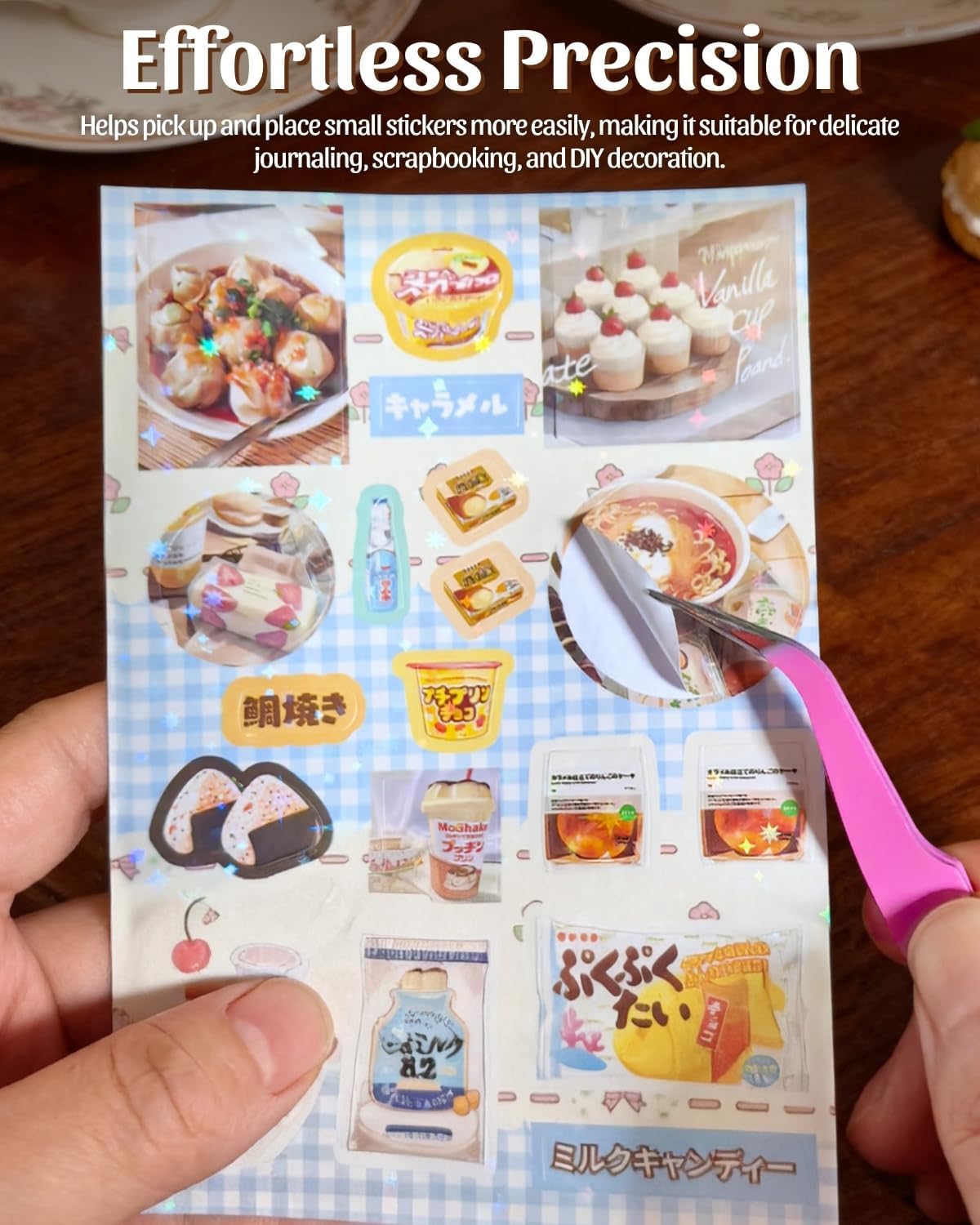 4 Books Vintage Japanese Sticker Set w/Tweezers, 200+ Sheets Die-Cut Retro Washi Stickers, Cute Food Decals for Scrapbooking, Journaling & DIY