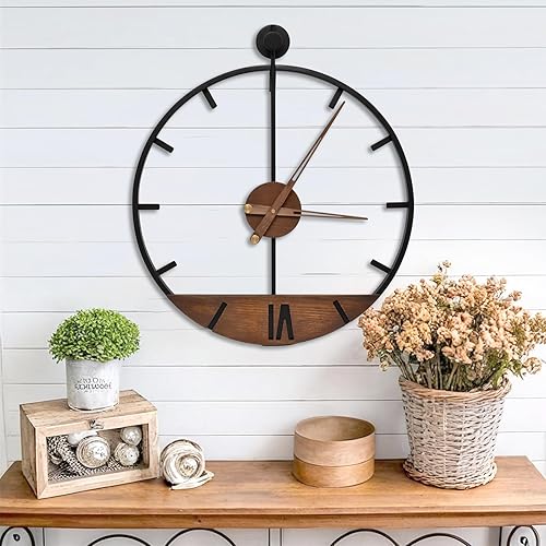 Miniatura 2 de Reloj de pared de madera de 22.5 pulgadas, esfera hecha a mano, pieza de decoración grande con marco de metal, diseño contemporáneo silencioso sin
