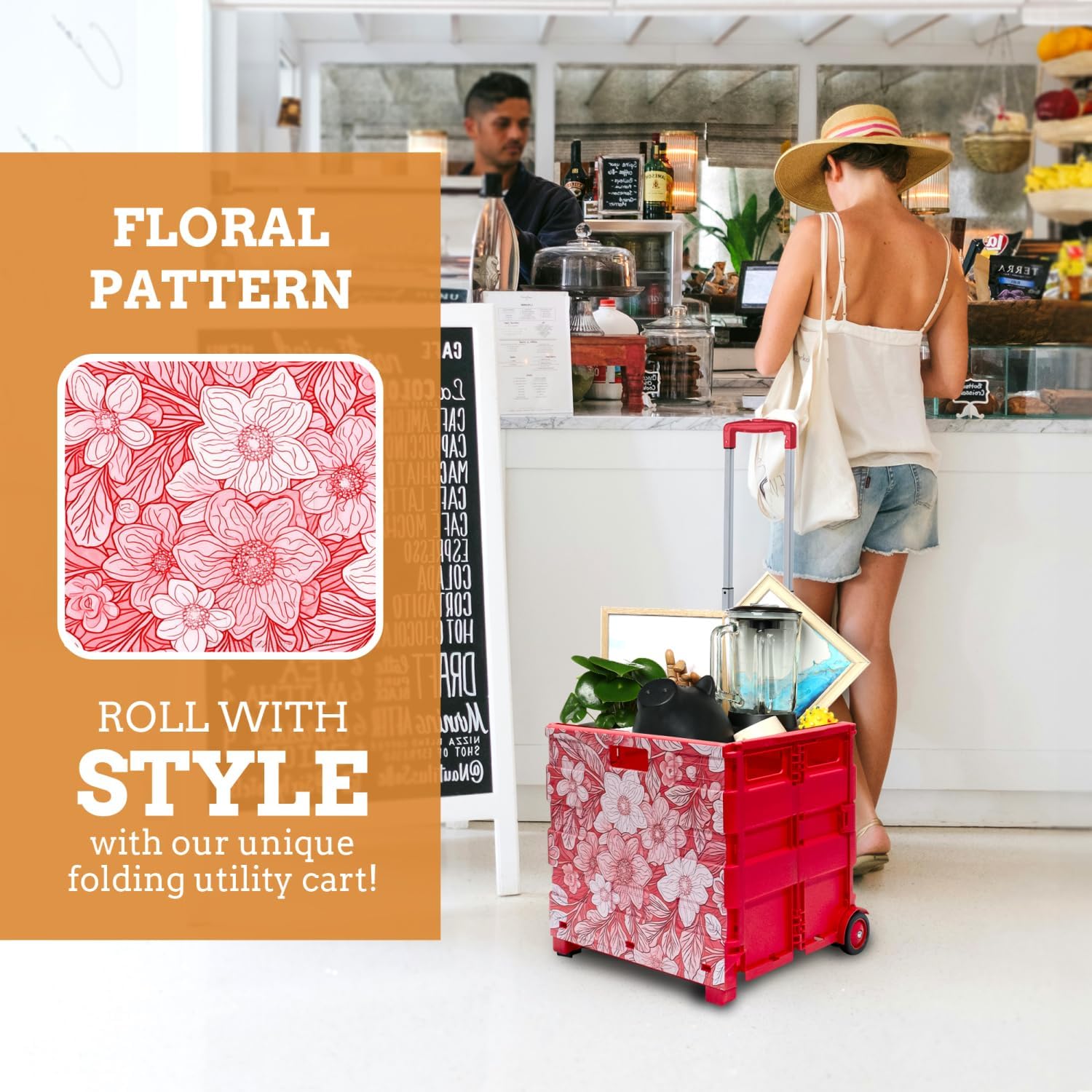 Inspired Living Ultra-Slim Rolling Collapsible Storage Pack-N-Roll Utility-carts, with Telescopic Handle, for Home, Garden, Shopping, Office, School use, Large, Red, White Flower Print