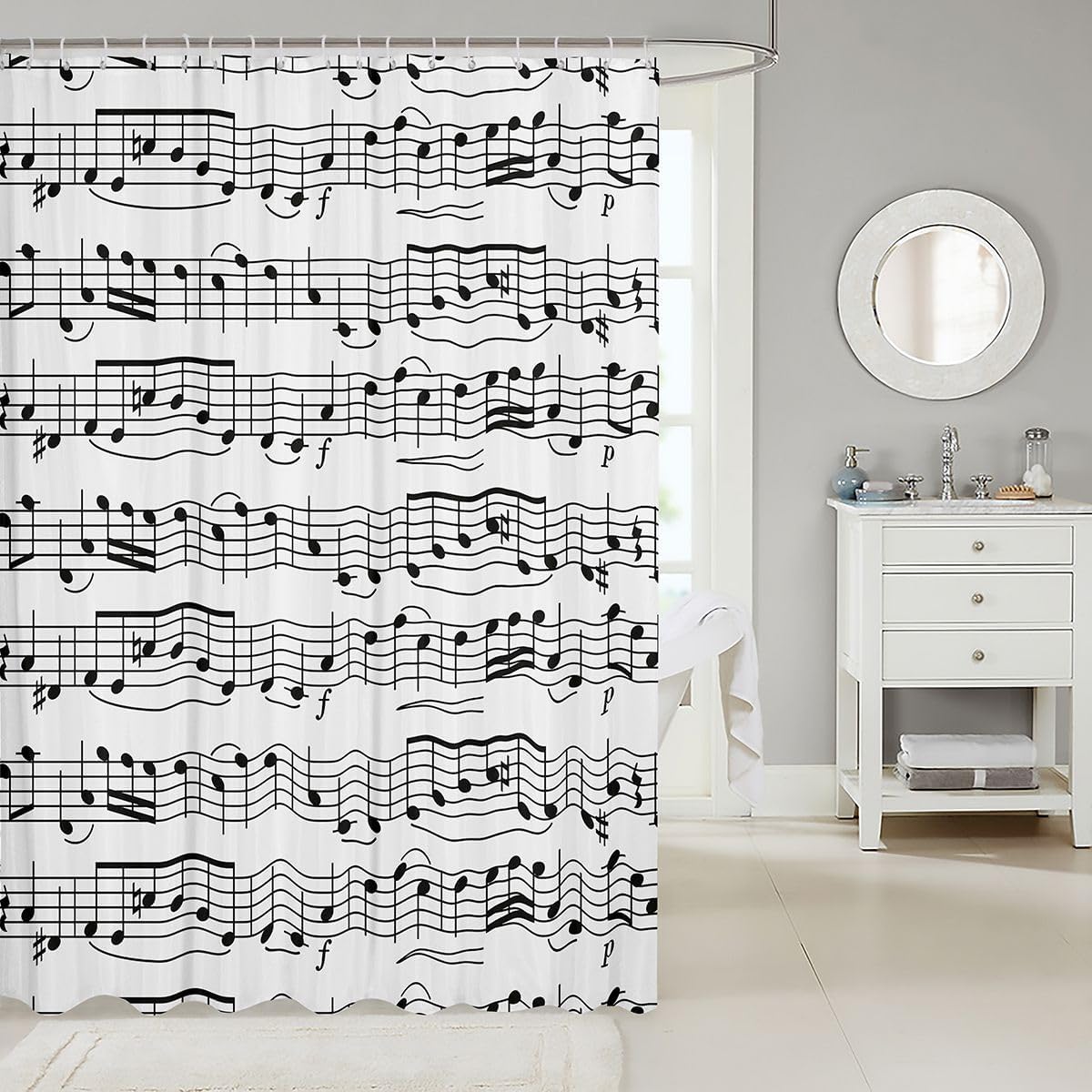 Erosebridal Musical Note Shower Curtain Piano Notation Bathtub Shower Curtain Rotating Music Bathroom Sets Accessories Rock Music Grunge Style Bath Curtain for Men Women with Hooks 72" W x 72" L image 2