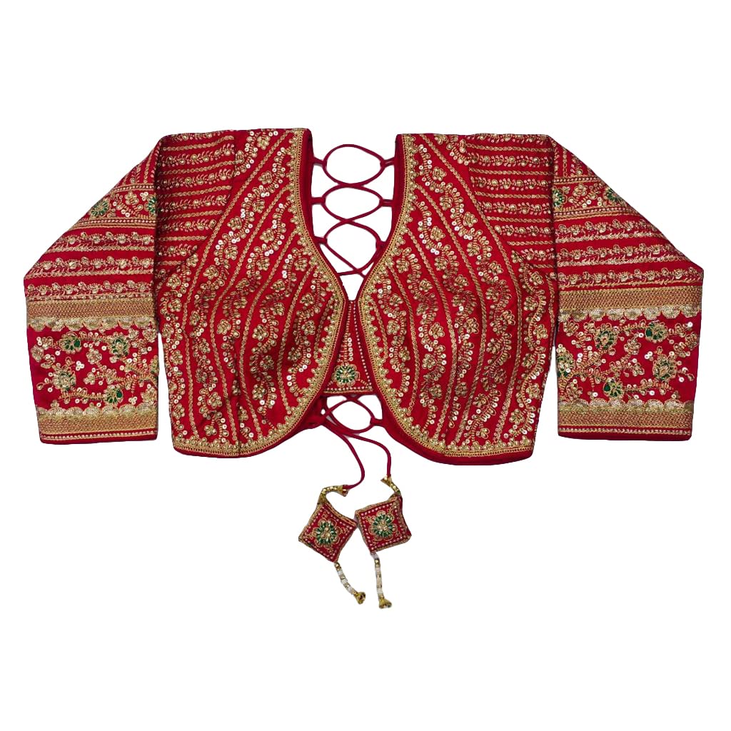 Pujia Mills Women's Heavy Embroidery Coding With Sequins Work 3/4Th Sleeves Fancy Readymade Saree Blouse(Missy Red_38)