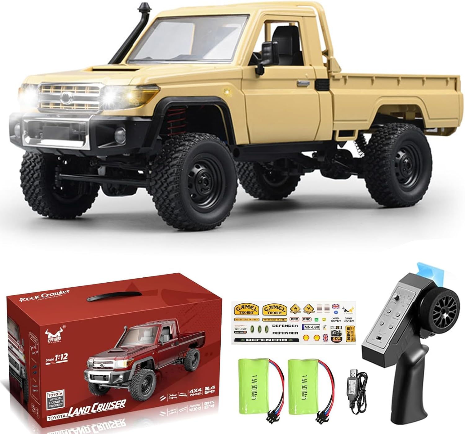 RC Crawler, 1:12 Scale MN82 RC Crawler, 4WD LC79 Land Cruiser Rock Crawlers with Lights, Speed Adjustment, Servo, Tires 2.4Ghz RTR RC Rock Truck for Teens Adults(Yellow)