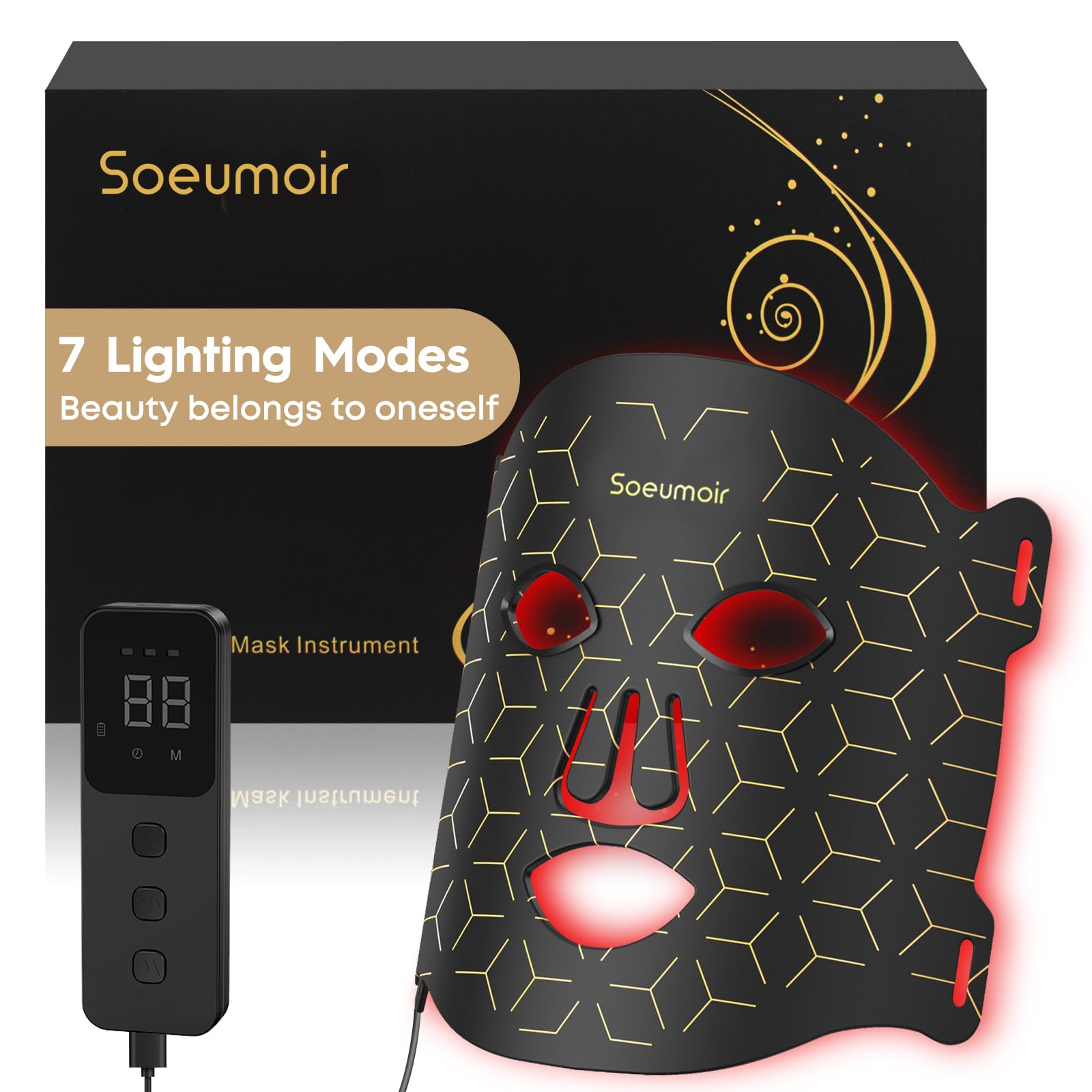 Soeumoir LED Gesichtsmaske mit Rotlichttherapie, 625 nm Rotlichtlampe – 108 LEDs, 7 Beleuchtungsmodi und 3 Einstellbare Helligkeitsstufen, Pflegegerät für alle Hauttypen Hautpflege